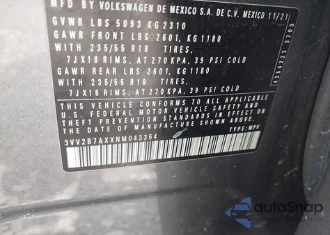2022 Volkswagen Tiguan 2.0T Se from USA, damaged, VIN 3VV2B7AXXNM043354